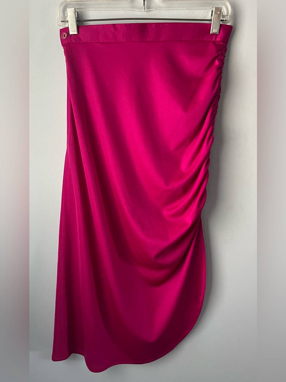 Vintage Shelana Fuchsia Ruched Satin-Effect Asymmetrical Midi Skirt Size 10